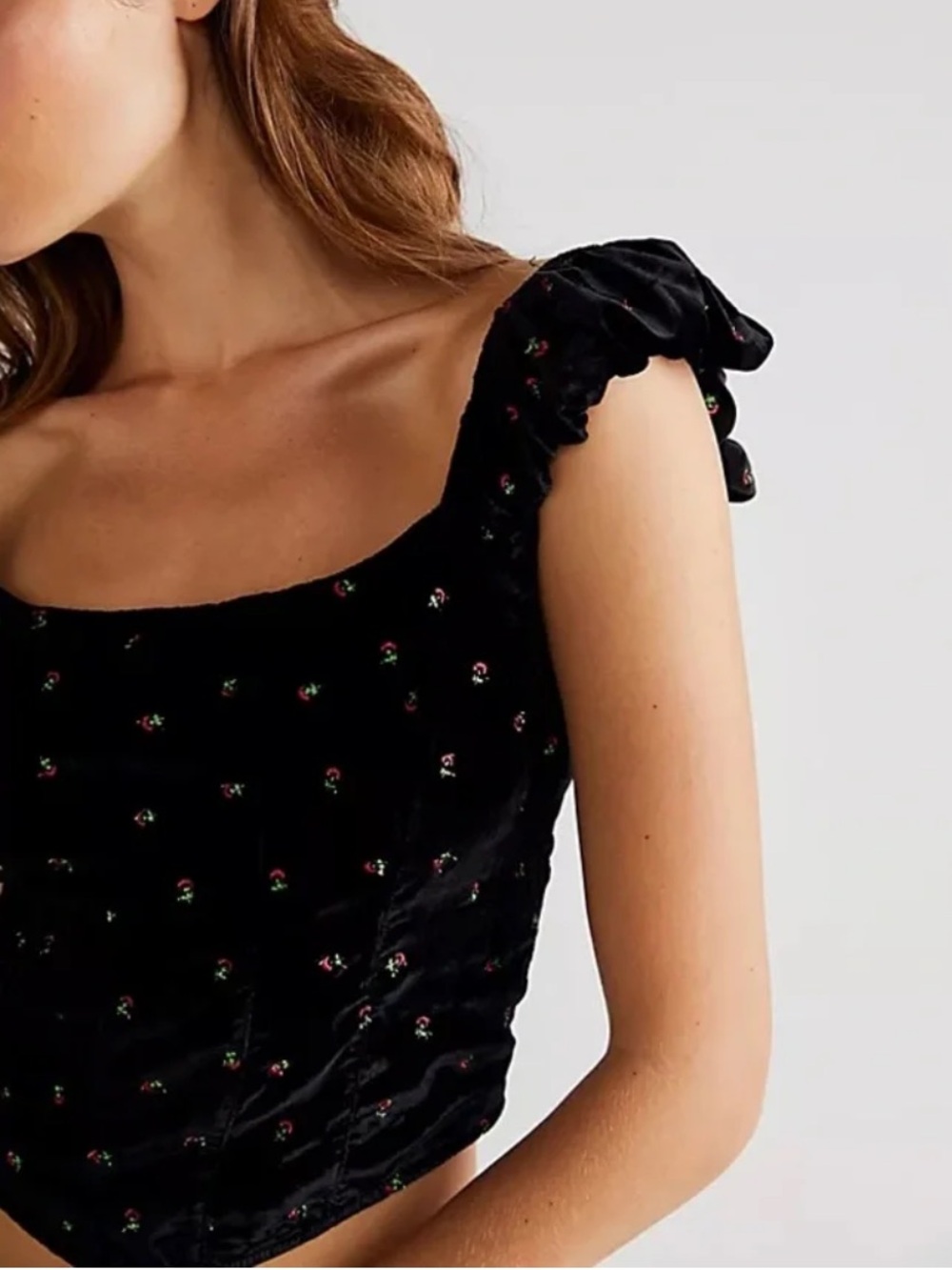 Free People Black Velvet Embroidered Crop Top
